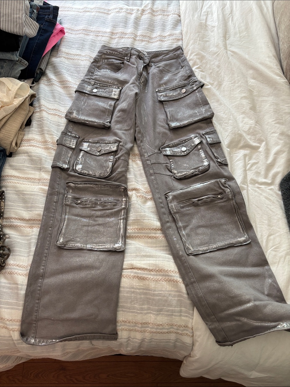 Fashion Nova Gray Cargo Paint-Splatter Jeans